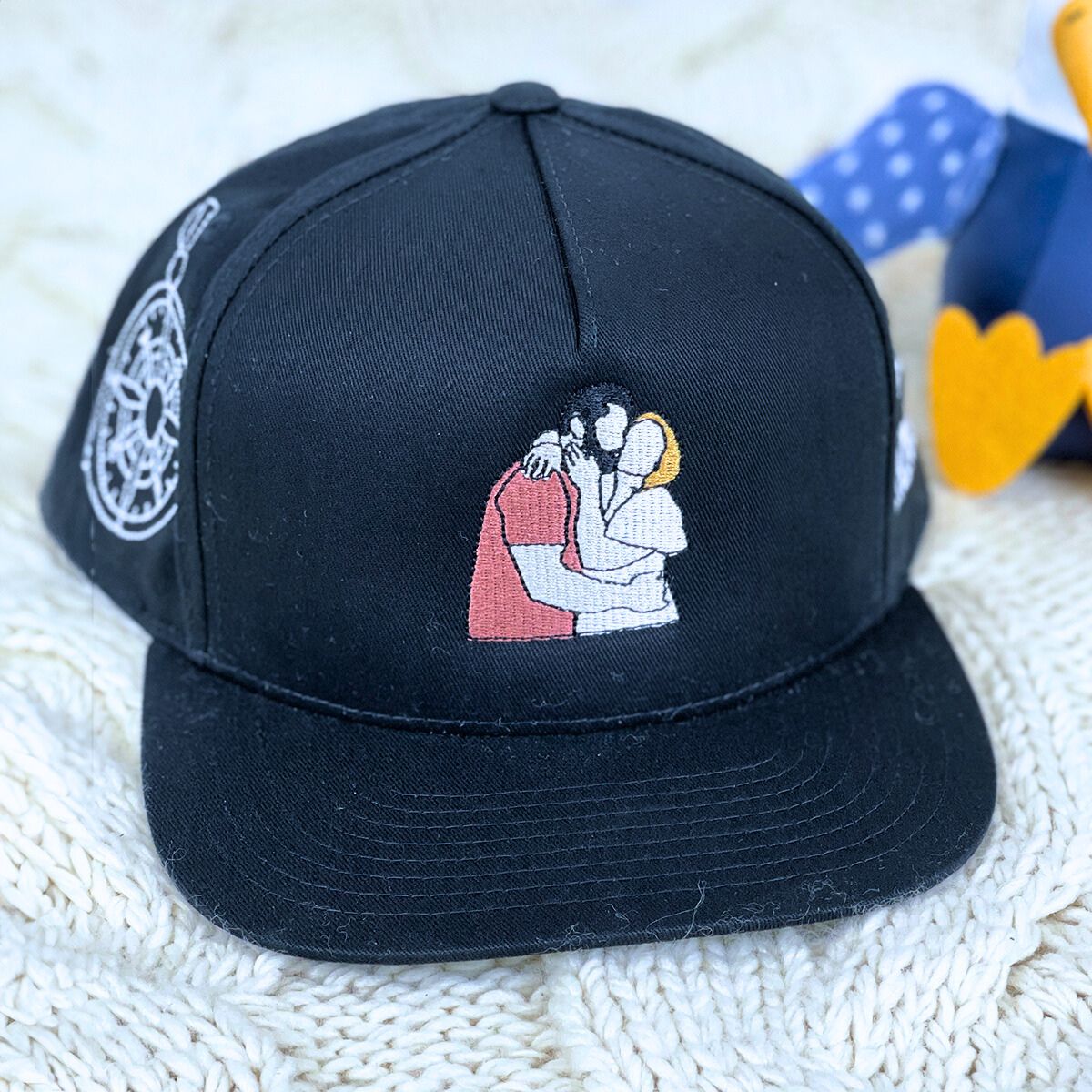 Black Snapback portrait hat with custom text on side embroidery, a meaningful gift for boyfriend girlfriend