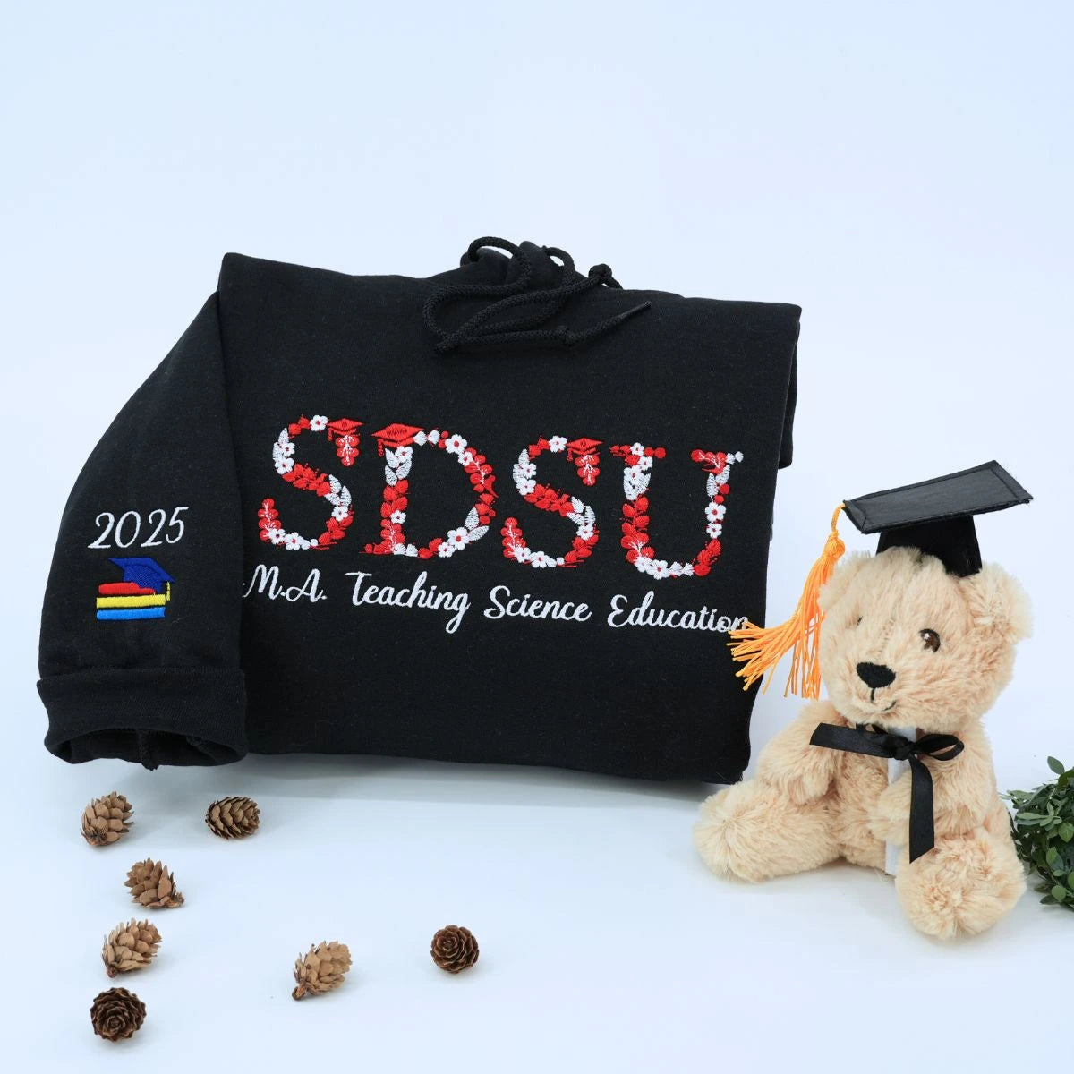 HBlack University Hoodie with Floral Embroidery, Personalized Graduation Gift 