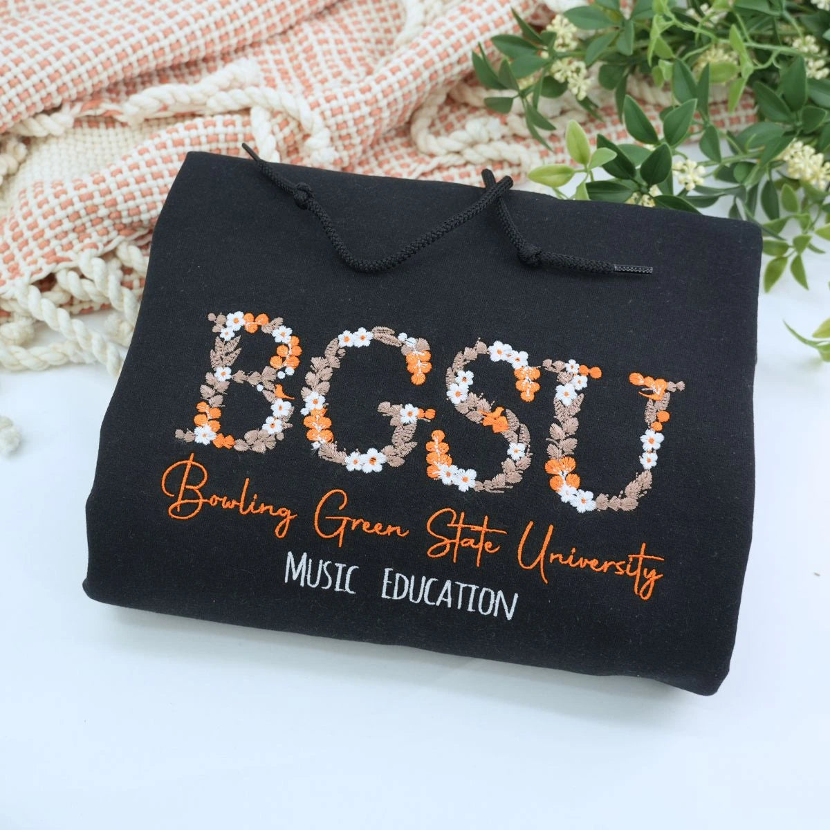 Black University Hoodie with Floral Embroidery, Personalized Graduation Gift 