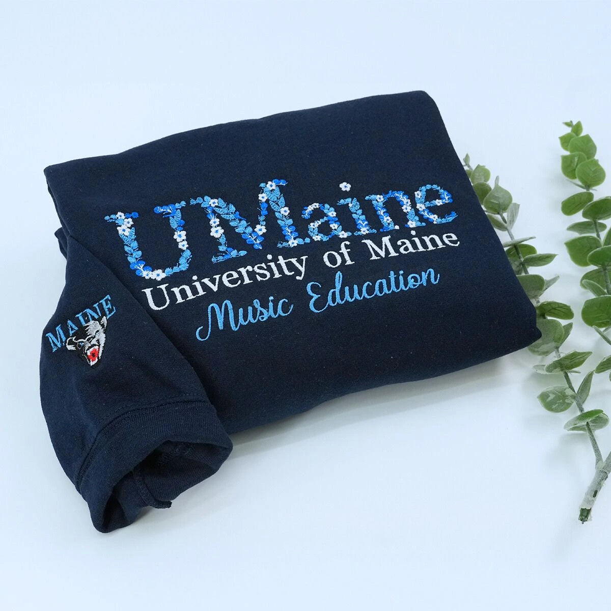Black University Sweatshirt with Floral Embroidery and University logo on sleeve, Personalized Graduation Gift 