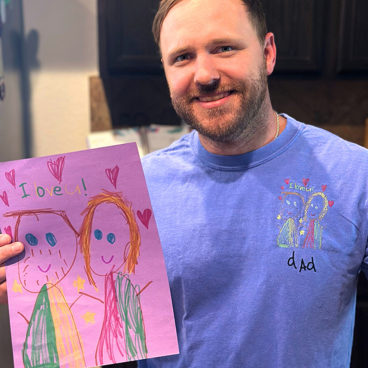 a Proud Dad wearing Kids Drawing  with text 'I love you dad' Embroidery Blue Sweatshirt, a unique gift for Father's day