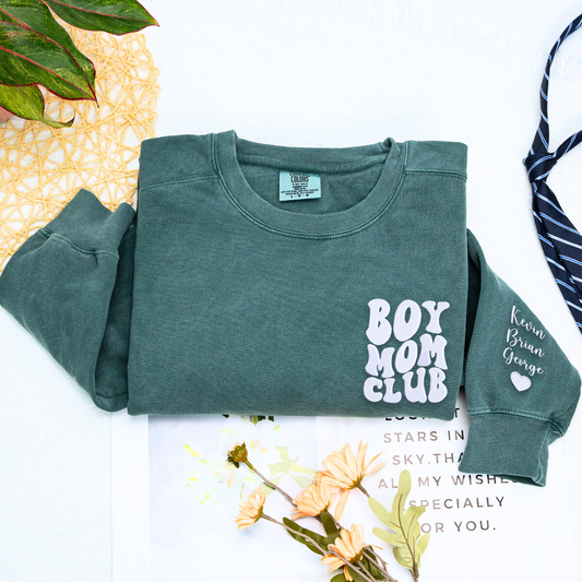 Boy Mom Club Sweatshirt or T-Shirt with Embroidered Kids Names on Sleeve