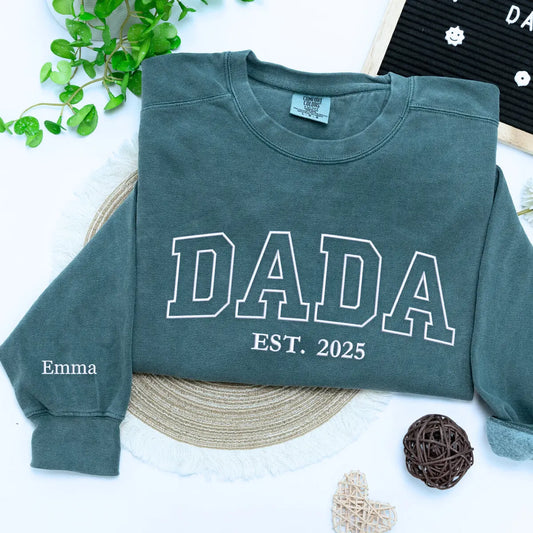 Blue Spuce Dada Sweatshirt with 'Est. 2025' embroidery and kids names on sleeve, a meaningful and cozy gift for dad