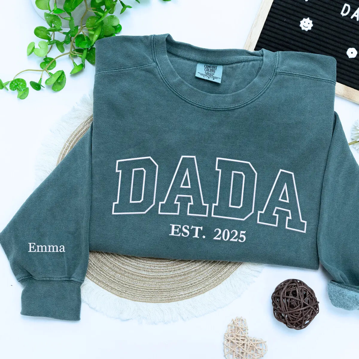 Blue Spuce Dada Sweatshirt with 'Est. 2025' embroidery and kids names on sleeve, a meaningful and cozy gift for dad