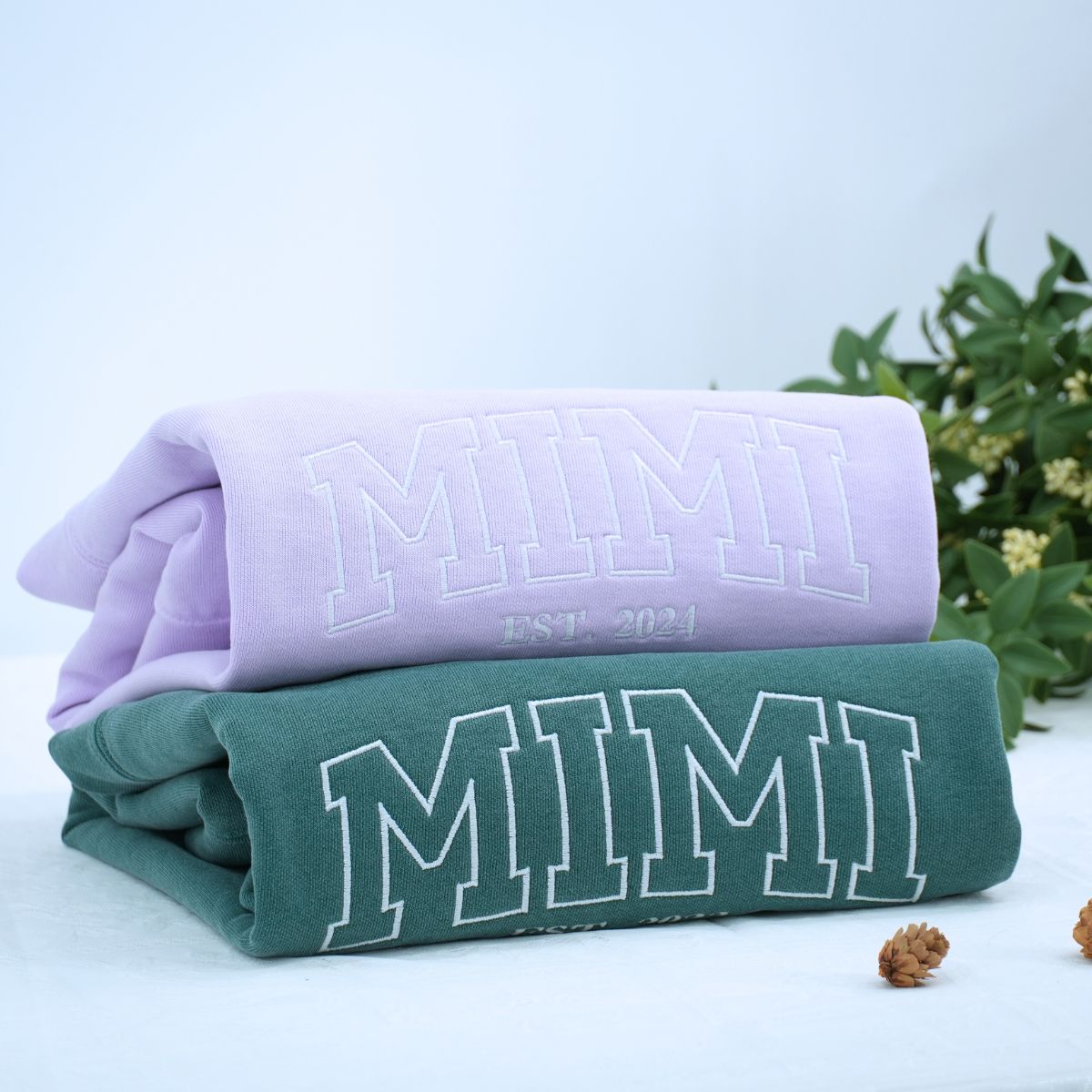 Blue Spruce Mimi Sweatshirt with 'Est. 2024' embroidery, a meaningful and cozy gift for mimi