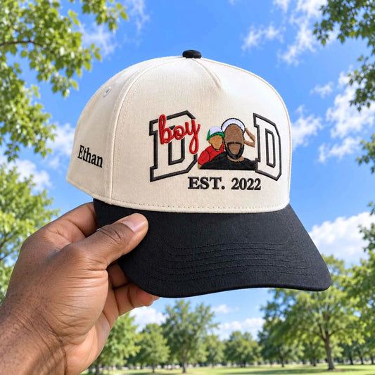 Custom embroidered Boy Dad hat with personalized name and EST year