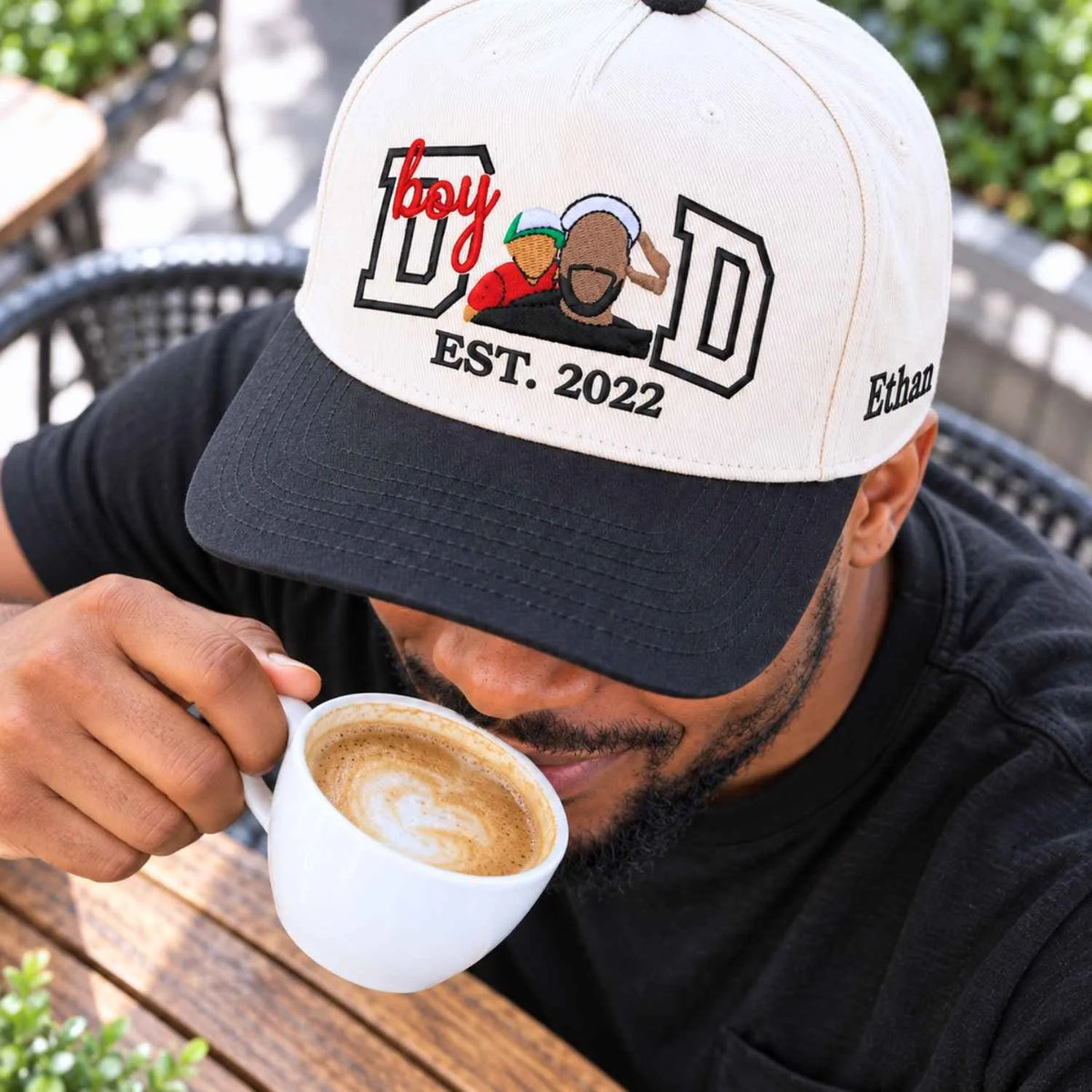 Custom Boy Dad Portrait Snapback Hat - Embroidered Varsity Style and Est Year, Dad and Son Gifts