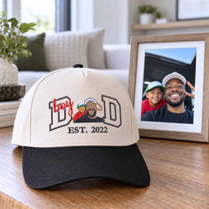 Custom Boy Dad Portrait Snapback Hat - Embroidered Varsity Style and Est Year, Dad and Son Gifts