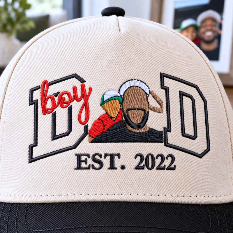 Custom Boy Dad Portrait Snapback Hat - Embroidered Varsity Style and Est Year, Dad and Son Gifts