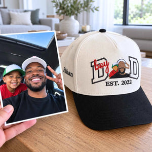 Custom Boy Dad Portrait Snapback Hat - Embroidered Varsity Style and Est Year, Dad and Son Gifts