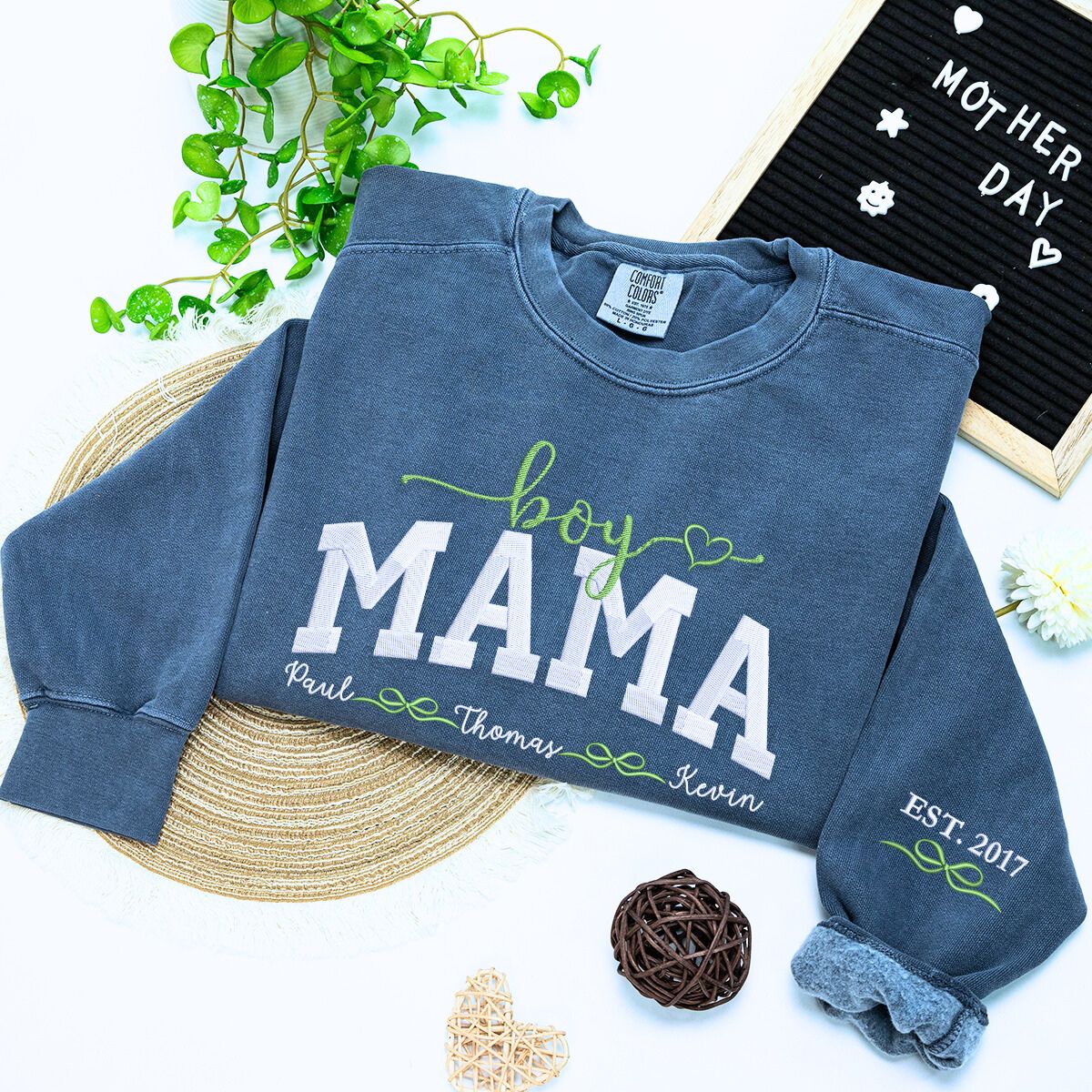 Boy Mama Sweatshirt or Hoodie with Embroidered Kids Names on Chest