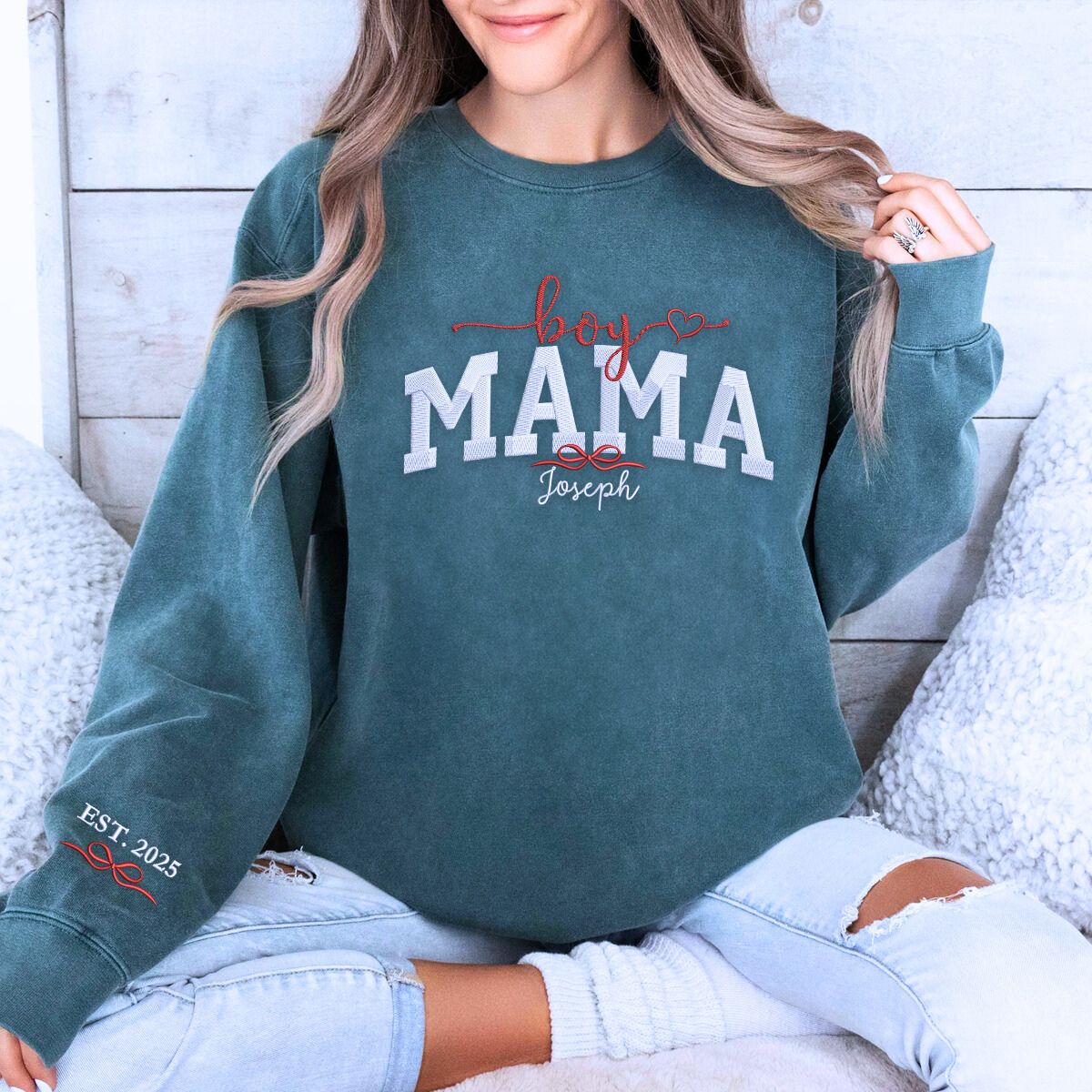 Boy Mama Sweatshirt or Hoodie with Embroidered Kids Names on Chest