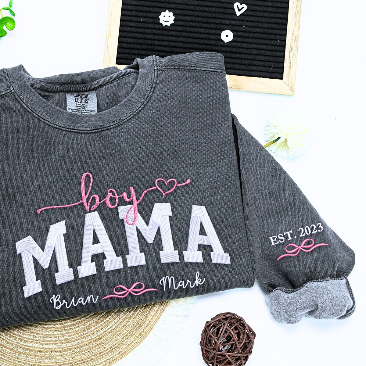 Boy Mama Sweatshirt or Hoodie with Embroidered Kids Names on Chest