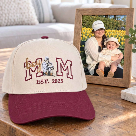 Custom Boy Mom Portrait Snapback Hat - Embroidered Varsity Est Year for Mom, Boy Mom Birthday Gift