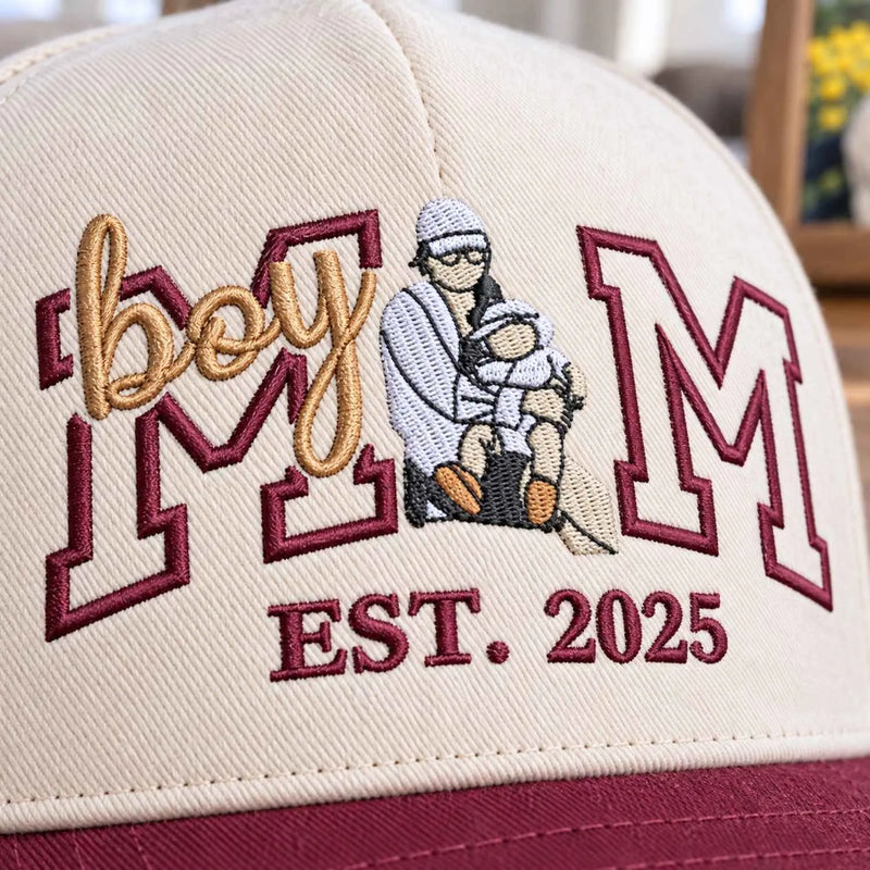 Custom Boy Mom Portrait Snapback Hat - Embroidered Varsity Est Year for Mom, Boy Mom Birthday Gift