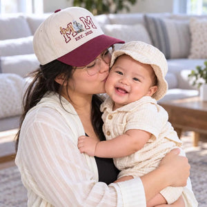 Custom Boy Mom Portrait Snapback Hat - Embroidered Varsity Est Year for Mom, Boy Mom Birthday Gift