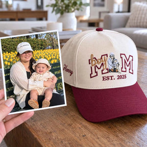 Custom Boy Mom Portrait Snapback Hat - Embroidered Varsity Est Year for Mom, Boy Mom Birthday Gift