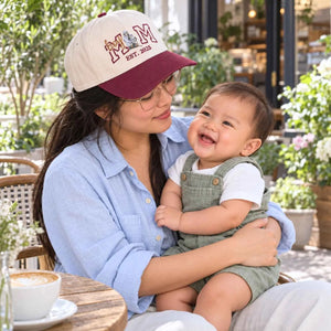 Custom Boy Mom Portrait Snapback Hat - Embroidered Varsity Est Year for Mom, Boy Mom Birthday Gift