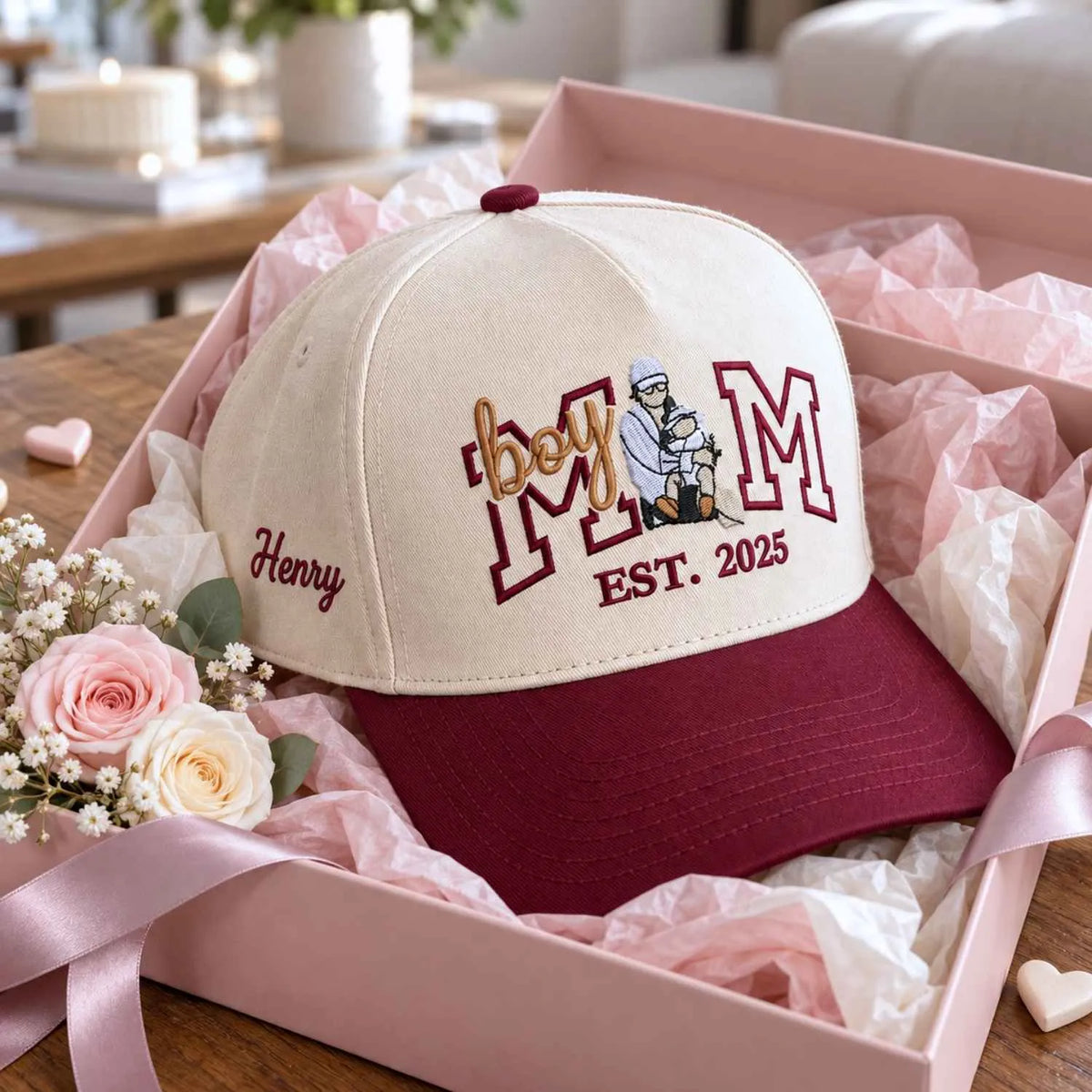 Custom Boy Mom Portrait Snapback Hat - Embroidered Varsity Est Year for Mom, Boy Mom Birthday Gift