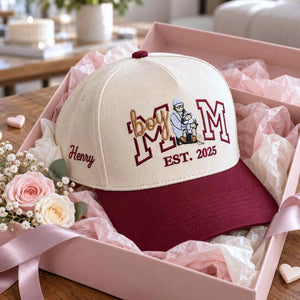 Custom Boy Mom Portrait Snapback Hat - Embroidered Varsity Est Year for Mom, Boy Mom Birthday Gift