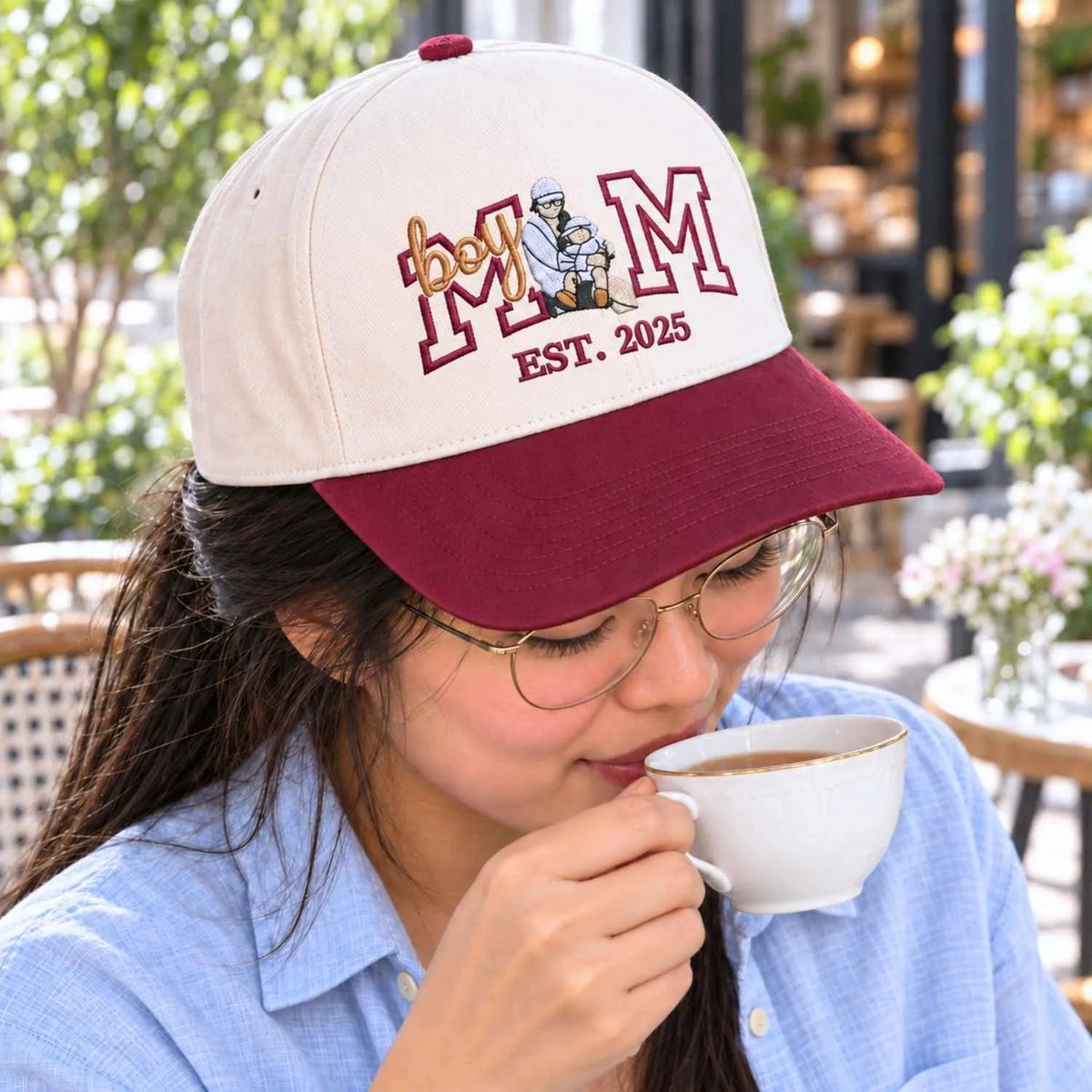 Custom Boy Mom Portrait Snapback Hat - Embroidered Varsity Est Year for Mom, Boy Mom Birthday Gift