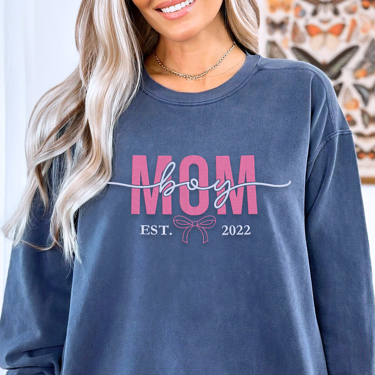 Blue Jean Boy Mom Sweatshirt with 'EST. 2022' embroidery, a meaningful and cozy gift for boy mom