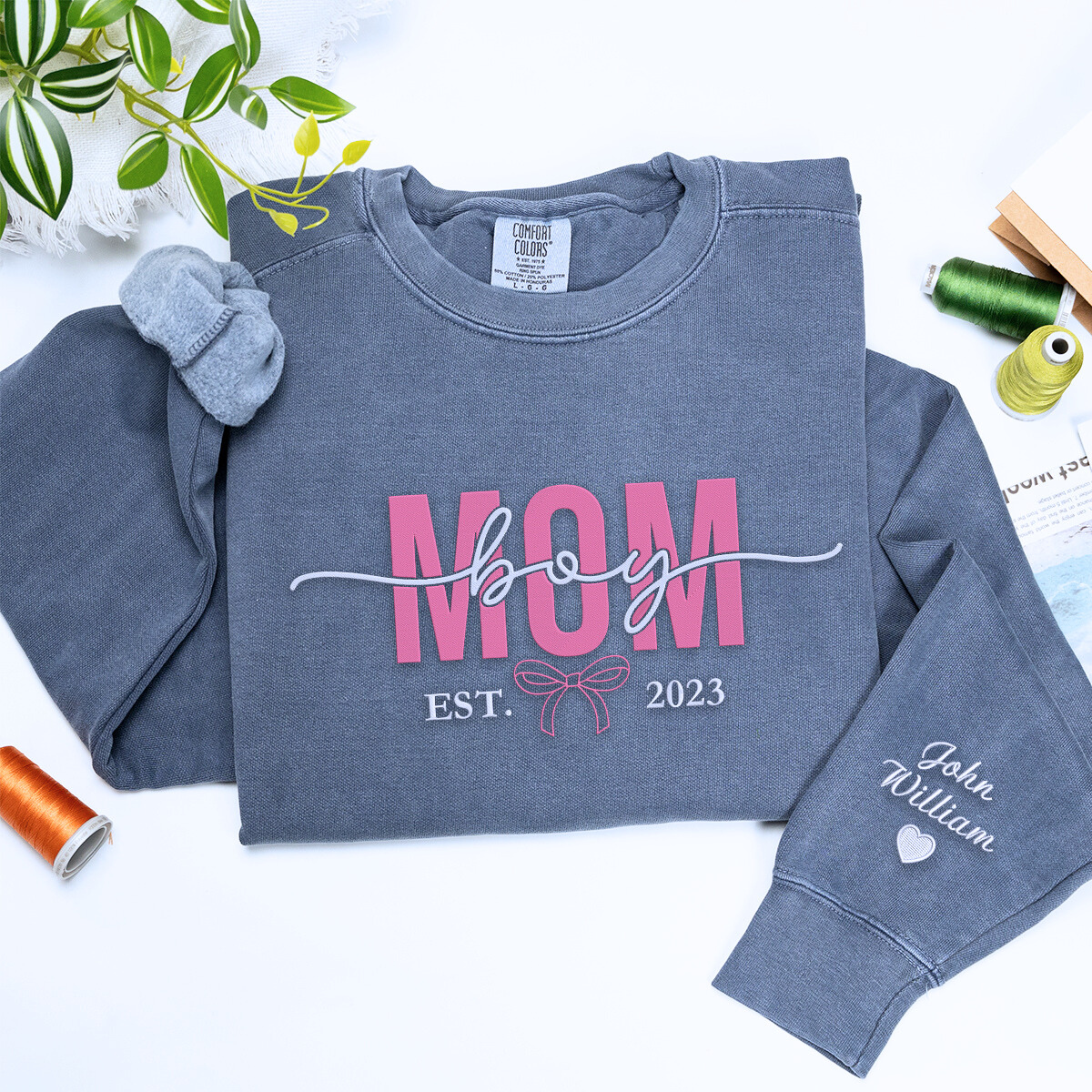 Boy Mom Sweatshirt or Hoodie with Embroidered Names on Sleeve, Custom Gift for Boy Mom