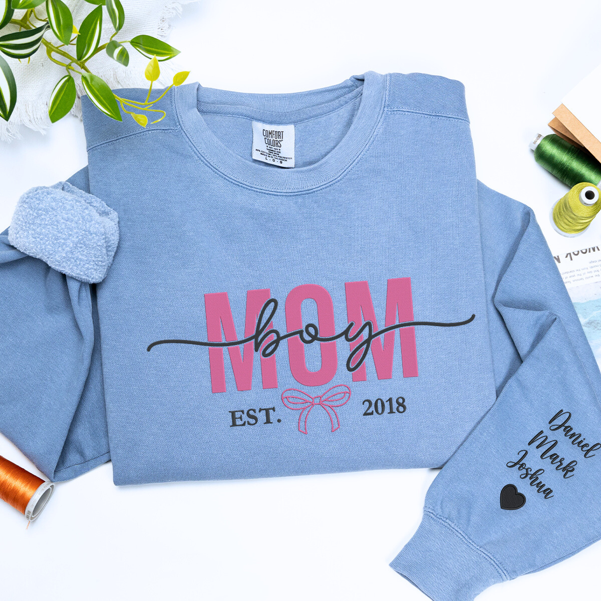 Denim Boy Mom Sweatshirt with 'EST. 2018' embroidery, a meaningful and cozy gift for boy mom
