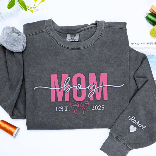 Grey Boy Mom Sweatshirt with 'EST. 2025' embroidery, a meaningful and cozy gift for boy mom