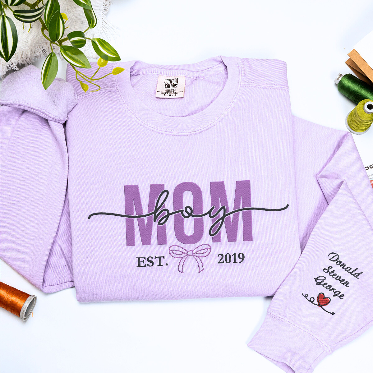 Orchid Boy Mom Sweatshirt with 'EST. 2019' embroidery, a meaningful and cozy gift for boy mom