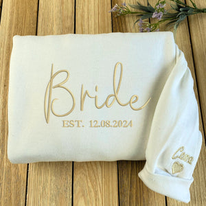 Bride Sweatshirt, Custom Bride Crewneck Est 2024 Embroidered with Initial Heart Sleeve