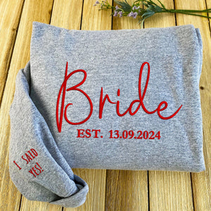 Bride Sweatshirt, Custom Bride Crewneck Est 2024 Embroidered with Initial Heart Sleeve