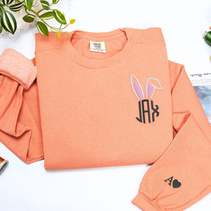 Comfort Color Monogrammed Bunny Ears T-Shirt or Sweatshirt, Custom Embroidered Easter Gift