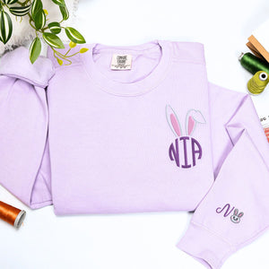 Comfort Color Monogrammed Bunny Ears T-Shirt or Sweatshirt, Custom Embroidered Easter Gift