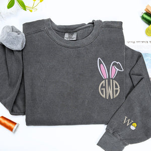 Comfort Color Monogrammed Bunny Ears T-Shirt or Sweatshirt, Custom Embroidered Easter Gift