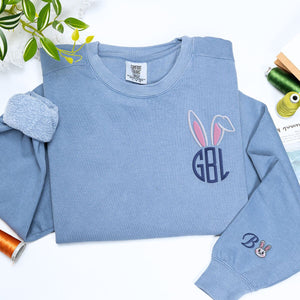 Comfort Color Monogrammed Bunny Ears T-Shirt or Sweatshirt, Custom Embroidered Easter Gift