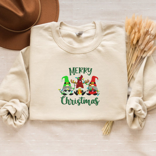 Embroidered Christmas Gnome Sweatshirt, Cute Gnome with Santa Crewneck or Hoodie