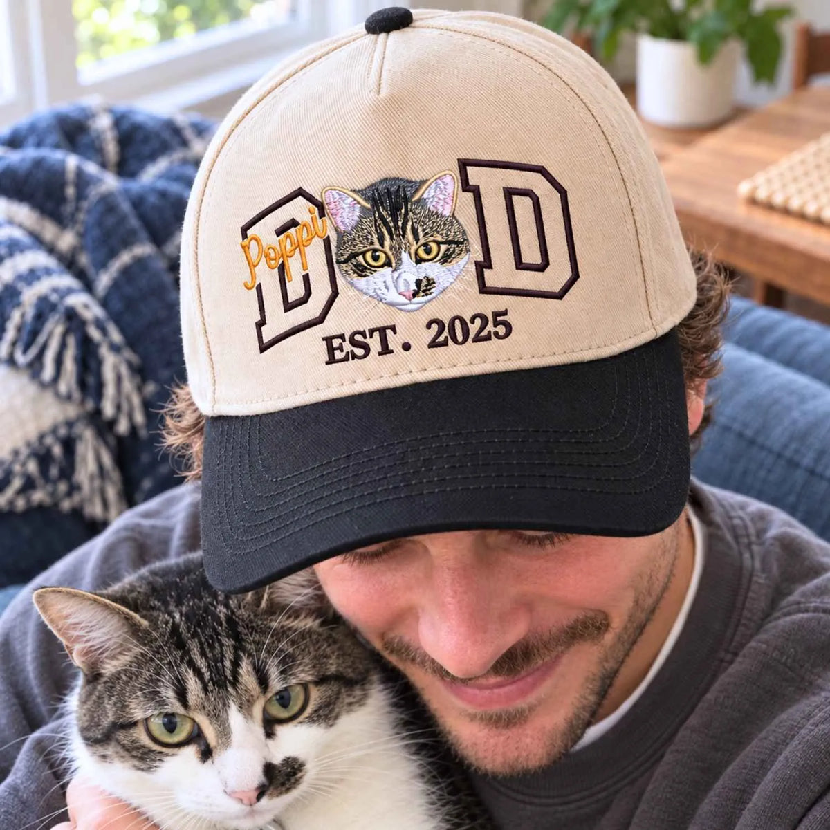 Custom Cat Dad Snapback Hat, Embroidered Cat Portrait from Photo Cap, Cat Dad Gifts from Wife