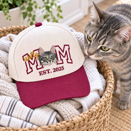 Custom cat lover gift - embroidered Cat Mom baseball hat with personalized cat photo and name
