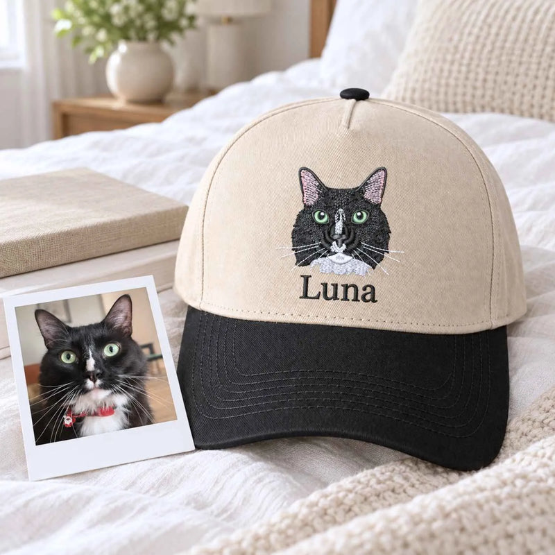 Custom Cat Mom Portrait Snapback Hat - Embroidered Cat Portrait from Photo Cap, Cat Mom Gifts from Husband