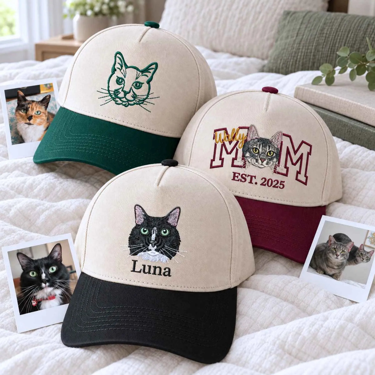 Custom Cat Mom Portrait Snapback Hat - Embroidered Cat Portrait from Photo Cap, Cat Mom Gifts from Husband