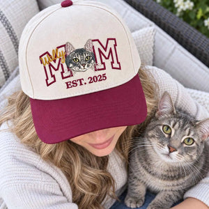 Custom Cat Mom Portrait Snapback Hat - Embroidered Cat Portrait from Photo Cap, Cat Mom Gifts from Husband