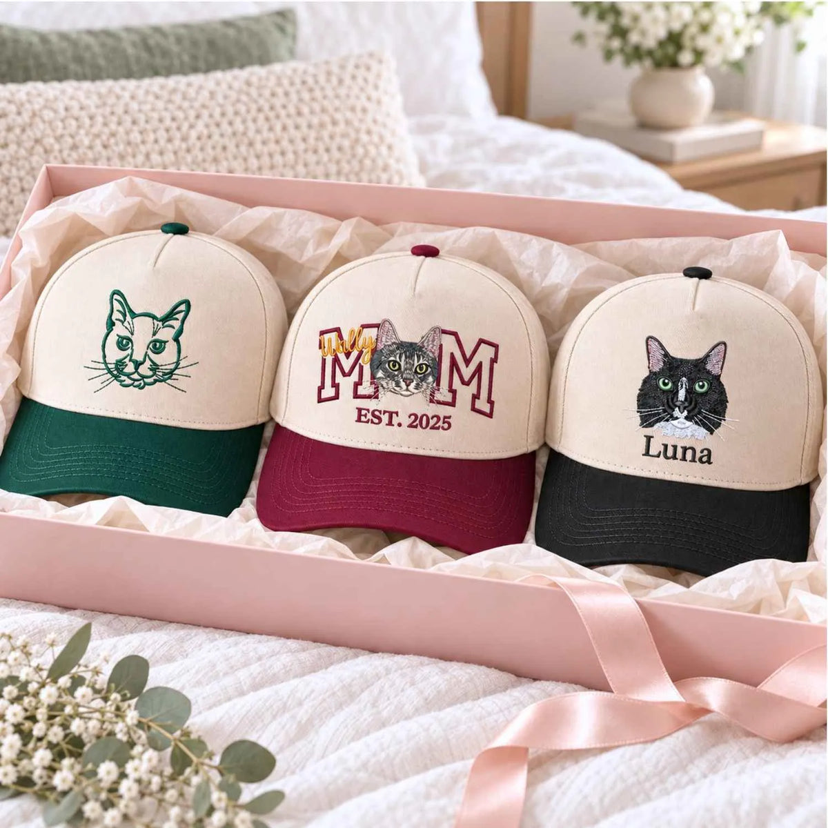 Custom Cat Mom Portrait Snapback Hat - Embroidered Cat Portrait from Photo Cap, Cat Mom Gifts from Husband