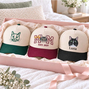 Custom Cat Mom Portrait Snapback Hat - Embroidered Cat Portrait from Photo Cap, Cat Mom Gifts from Husband