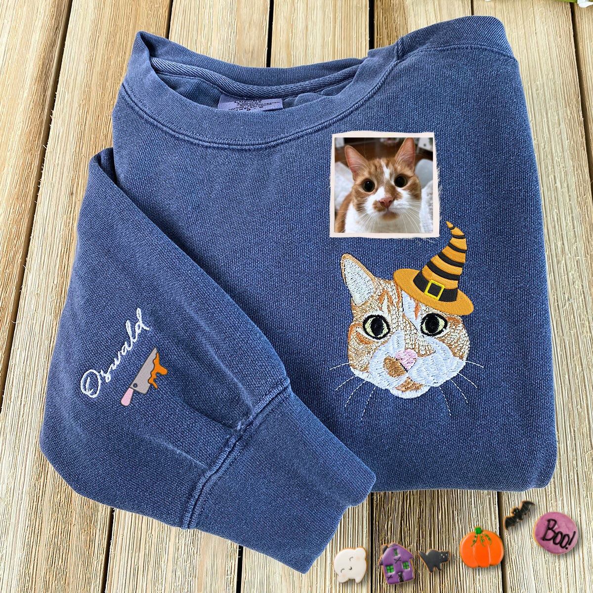 Comfort Colors® Custom Embroidered Cat Portrait from Photo with Halloween Witch Hat T-Shirt or Sweatshirt