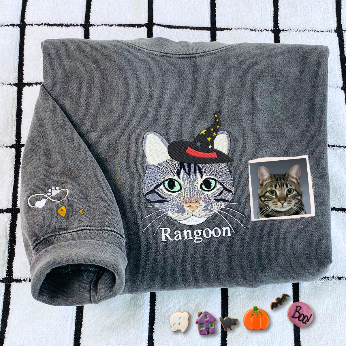 Comfort Colors® Custom Embroidered Cat Portrait from Photo with Halloween Witch Hat T-Shirt or Sweatshirt