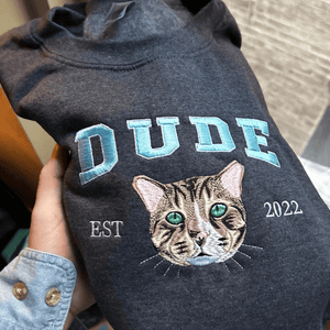 Custom Embroidered Varsity Cat Face Sweatshirt from Photo, Personalized Gift for Cat Lover