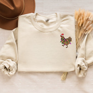 Christmas Chicken Sweatshirt Embroidered, Funny Farmer Chickens Crewneck or Christmas Country Hoodie