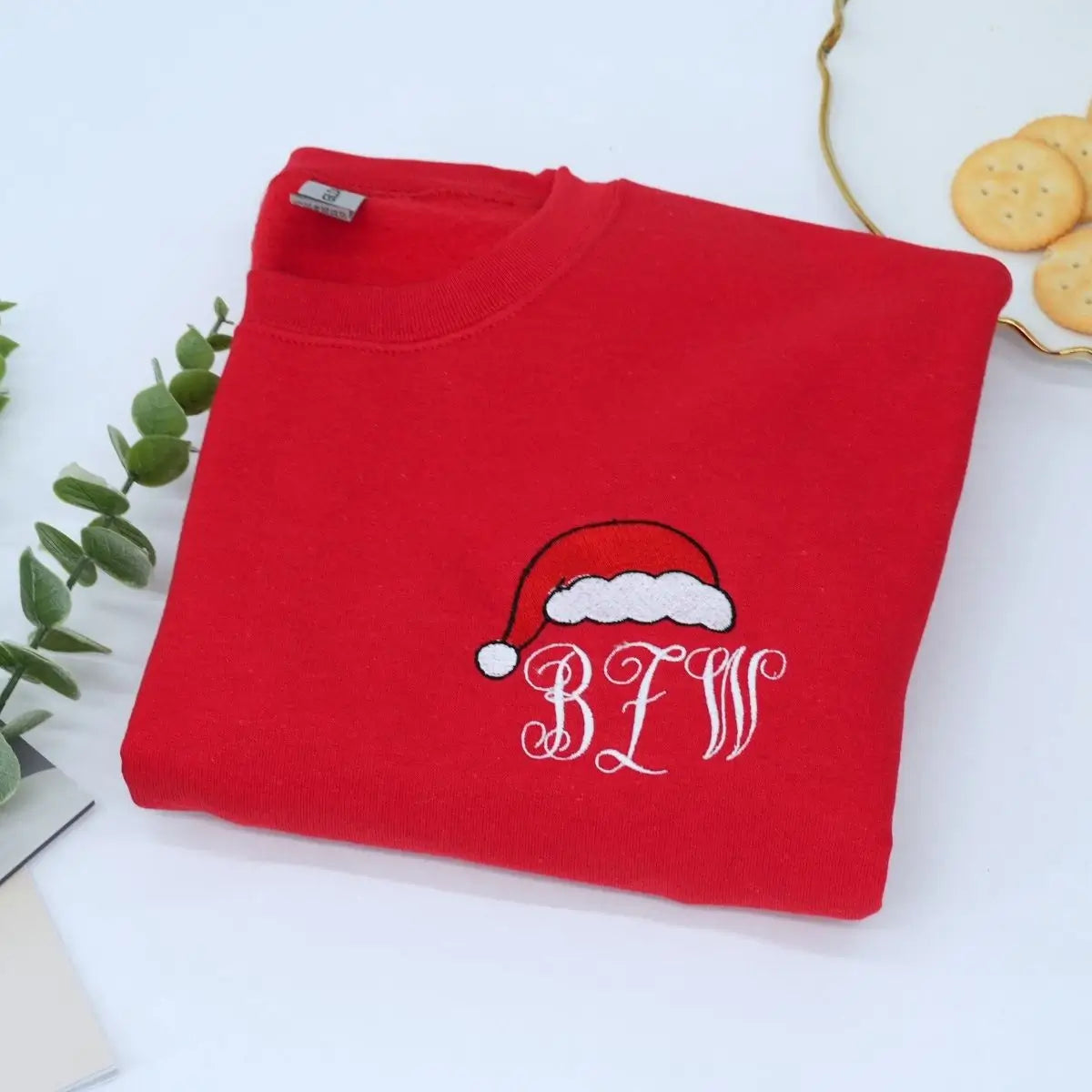 Custom Christmas Monogram Text with Santa Hat Sweatshirt or Hoodie, Embroidered Christmas Gift