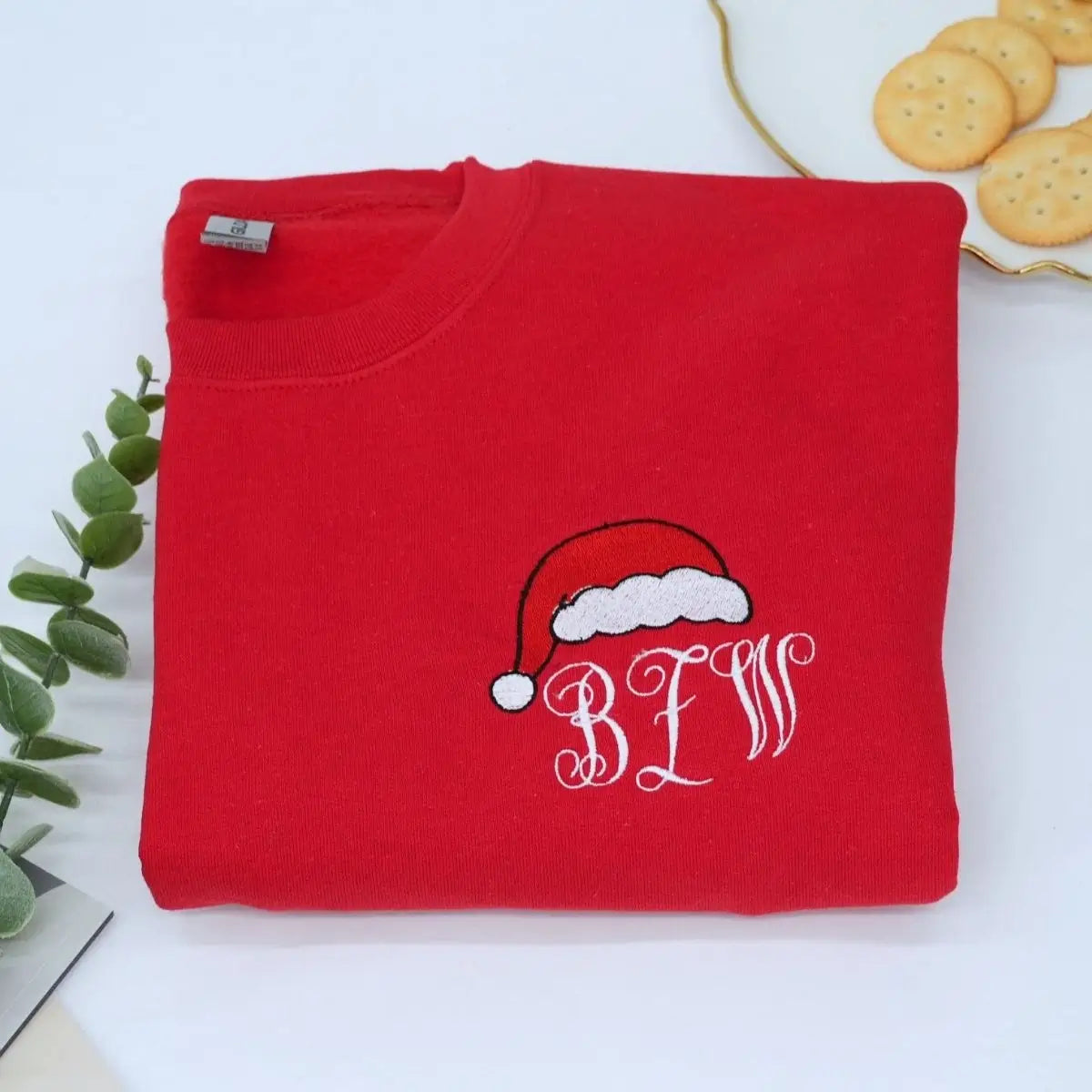 Custom Christmas Monogram Text with Santa Hat Sweatshirt or Hoodie, Embroidered Christmas Gift